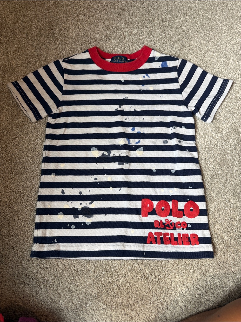 Polo by Ralph Lauren Navy & White Striped Tee with Red Logo and Collar